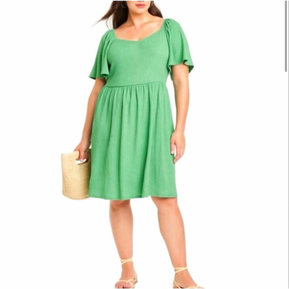 Ava & Viv Green Textured A Line Flutter Sleeve Dr… - image 1